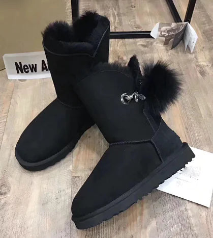 Winter Women's Sheepskin Snow Boots with Fox Fur Ball