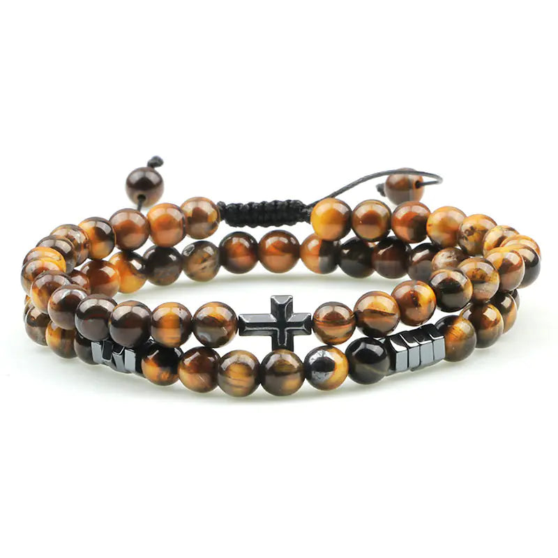 Tiger Eye Stone Beaded Bracelet with Cross Pendant