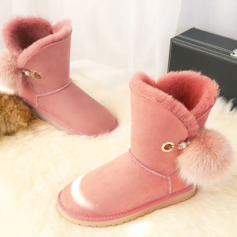 Winter Women's Sheepskin Snow Boots with Fox Fur Ball
