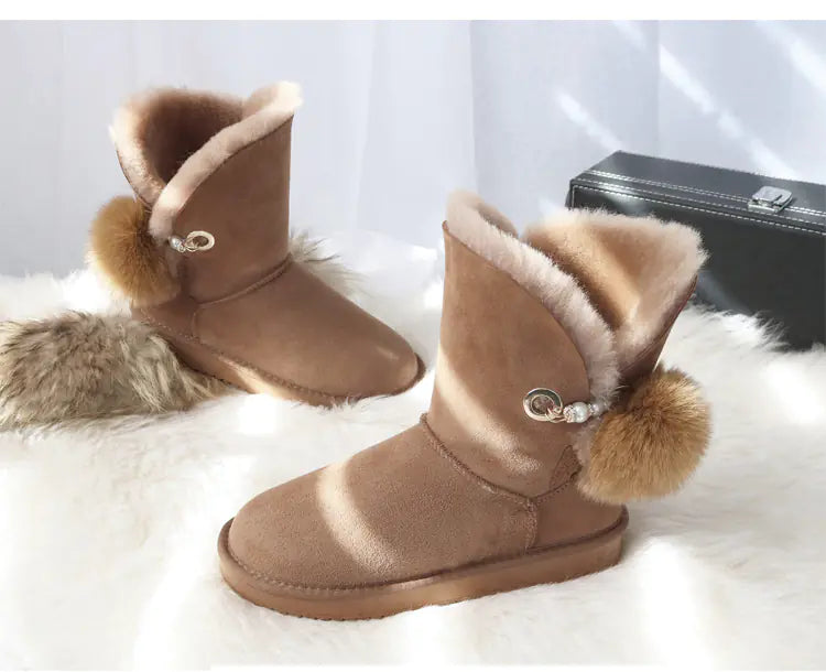 Winter Women's Sheepskin Snow Boots with Fox Fur Ball