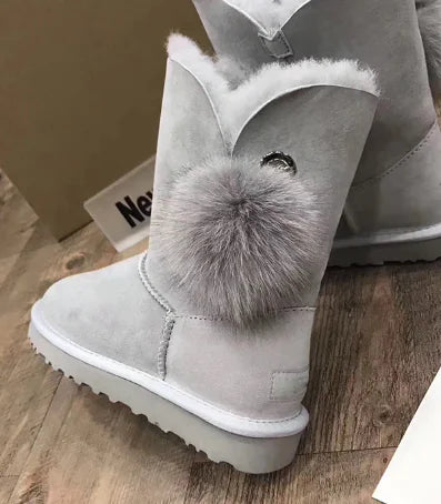 Winter Women's Sheepskin Snow Boots with Fox Fur Ball
