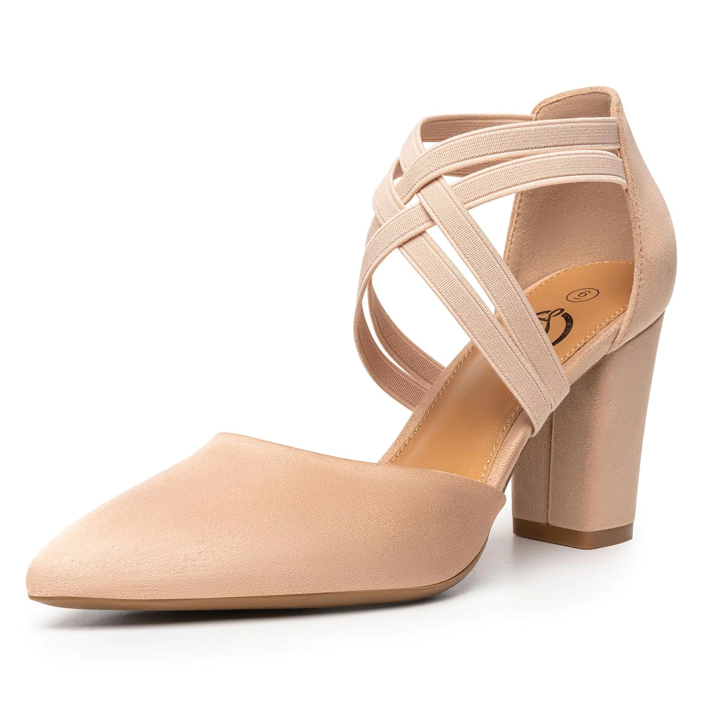 Trary Nude Heels for Women Chunky Heels for Women Closed Pointed Toe Heels Womens Pumps Elastic Double Crisscross Strap Low Heel Pumps for Women 3.5 Inch Heels Dress Shoes for Women