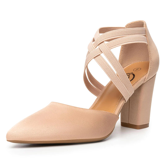 Trary Nude Heels for Women Chunky Heels for Women Closed Pointed Toe Heels Womens Pumps Elastic Double Crisscross Strap Low Heel Pumps for Women 3.5 Inch Heels Dress Shoes for Women