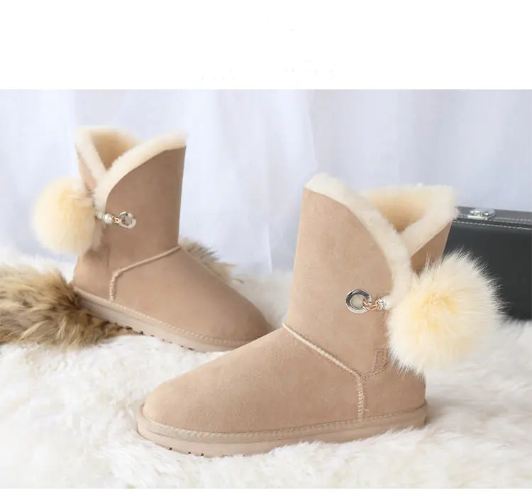 Winter Women's Sheepskin Snow Boots with Fox Fur Ball