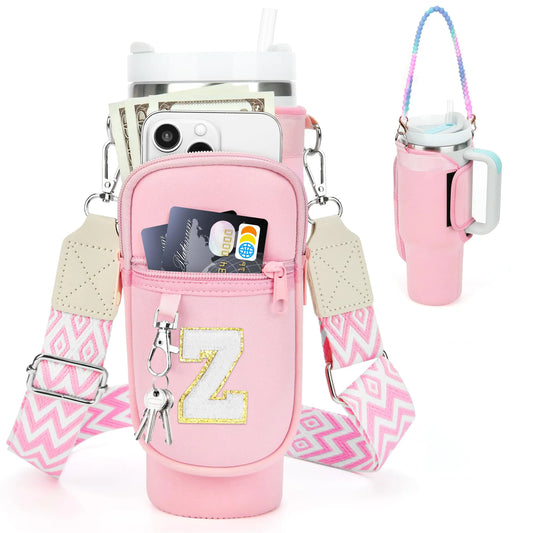 LOKASS Water Bottle Holder for Stanley Cup 40oz Stanley Cup Accessories A-Z Personalized Water Bottle Carrier Bag with Strap Personalized Gifts for Women/Girls/Stanley Cup Fans
