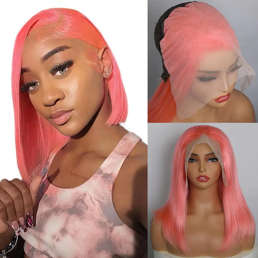 Full 13x6 Lace Front Wigs Human Hair 180% Density Pink Bob Wig Human Hair For Black Women 12A Brazilian Virgin Pink Wig Human Hair Pre Plucked With Baby Hair Around 12 Inch 13x6 Bob Wig Human Hair