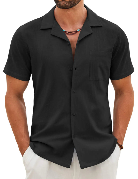 COOFANDY Linen Shirt for Men Short Sleeve Casual Button Down Shirts Cuban Summer Beach Weddingh Shirts with Pocket Black