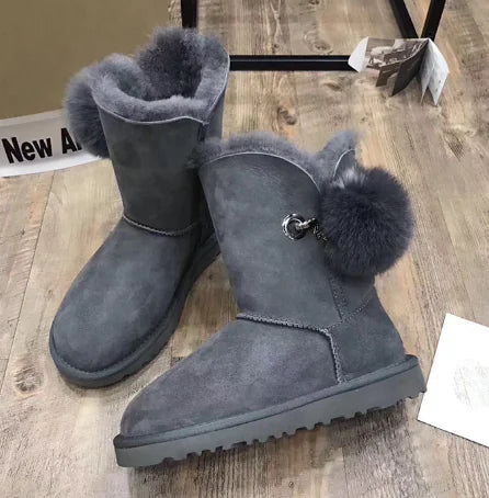 Winter Women's Sheepskin Snow Boots with Fox Fur Ball