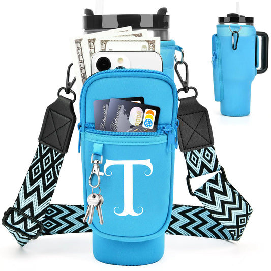 Personalized Water Bottle Holder with Strap for Stanley Cup 40 oz Tumbler – Initial Water Bottle Carrier Bag with Phone Pocket & Carabiner for Stanley Cup Hoalder Ideal Stanley Cup Accessories 40 oz