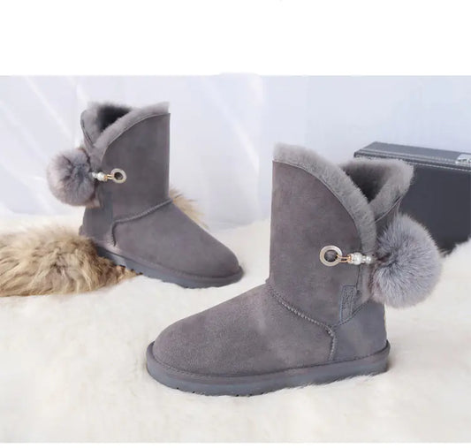 Winter Women's Sheepskin Snow Boots with Fox Fur Ball
