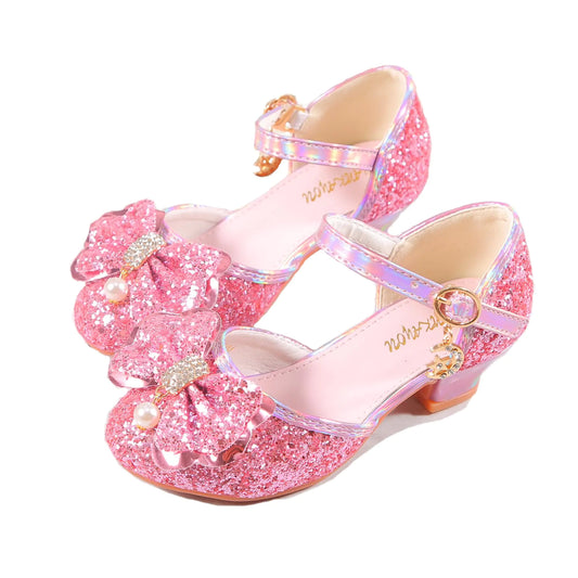 YUNICUS Girls Mary Jane Glitter Wedding Party Dress Shoes Princess Flower Strap Shoes (613Pink33)
