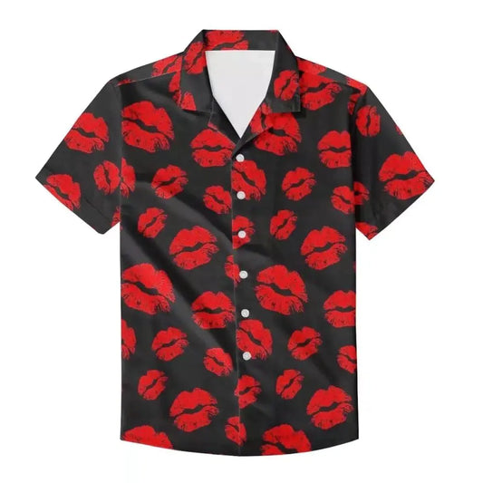 Black Red Lips Print Unique Printed Funky Hawaiian Shirt Men Short Sleeve Shirt Top Blouse for Summer Beach Travel Vacation