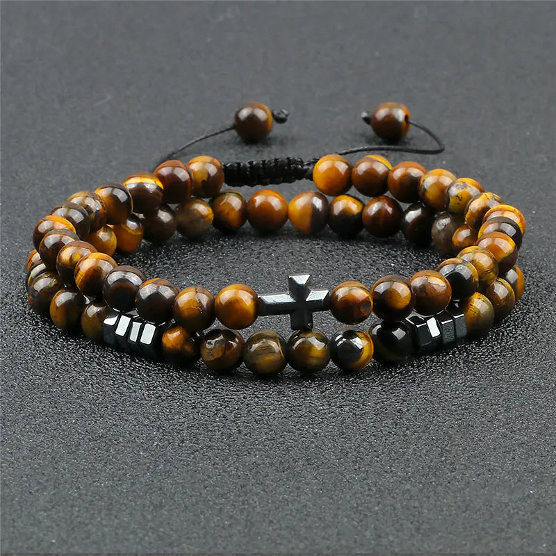 Tiger Eye Stone Beaded Bracelet with Cross Pendant