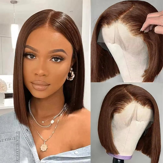Belaved Bob Wig Human Hair #4 Chocolate Brown Lace Front Wig Glueless 13x4 HD Lace Front Bob Wigs Human Hair for Women Straight Pre Plucked 180 Density 10 Inch