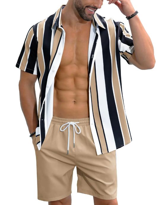 LecGee 2 Piece Shirt Set Vacation Outfits For Men Short Sleeve Hawaiian Shirt Loose High Waisted Shorts Set