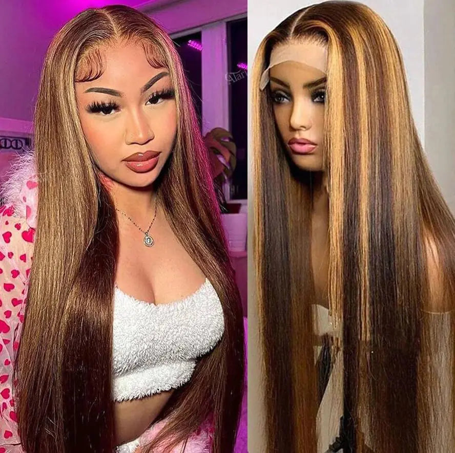 Vipvyong Honey Blonde Wig Human Hair Straight Highlight Lace Front Wig Human Hair 180 Density Ombre Lace Front Wig Human Hair Pre Plucked Bleached Knots Transparent Frontal Wigs Human Hair(18inch)