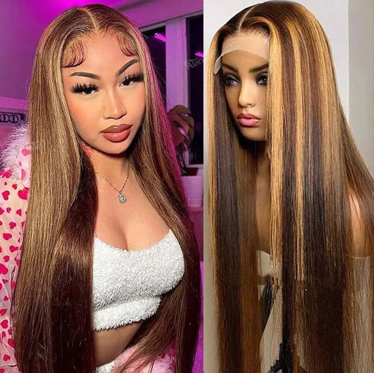 Vipvyong Honey Blonde Wig Human Hair Straight Highlight Lace Front Wig Human Hair 180 Density Ombre Lace Front Wig Human Hair Pre Plucked Bleached Knots Transparent Frontal Wigs Human Hair(18inch)