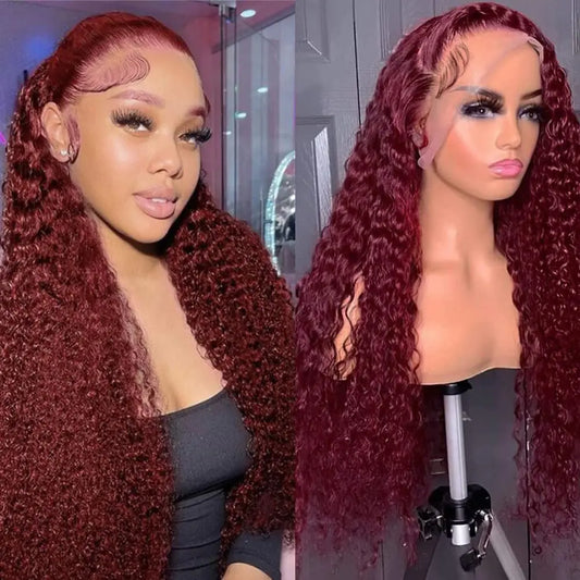 Burgundy Lace Front Wig Human Hair 99J 13x6 Deep Wave Lace Front Wigs Human Hair Pre Plucked 180 Density Red Colored Curly Glueless Human Hair Wig for Women with Baby Hair (20 Inch)