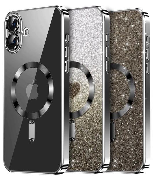 Waldeng for iPhone 16 Plus Case with 1X Screen Protector [Seamless Work with Magsafe] [Interchangeable Glitter Card] with Integrated Lens Protection Stylish Women Case for iPhone 16 Plus Black
