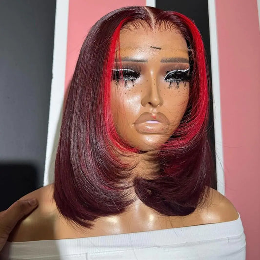 koinu Highlight Red 99J Bob Wig Human Hair 180 Density 13x4 Lace Front Wigs for Women Red Highlight Burgundy Transparent Lace Frontal Straight Short Bob Wig Human Hair Wigs Pre Plucked 14 Inch