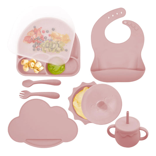 HUDSON & ELOISE Silicone Baby Led Weaning Supplies - Baby Feeding Set Baby Eating Supplies Infant Toddler Feeding Set Silicone Baby Bib Baby Plate and Bowl Set with Suction Baby Cup (Rose Pink)