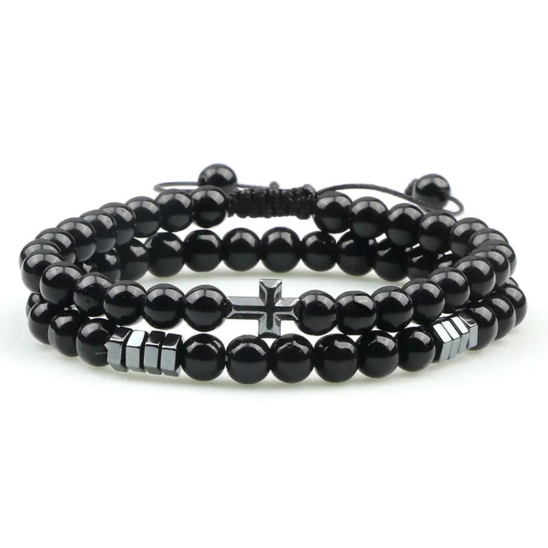 Tiger Eye Stone Beaded Bracelet with Cross Pendant